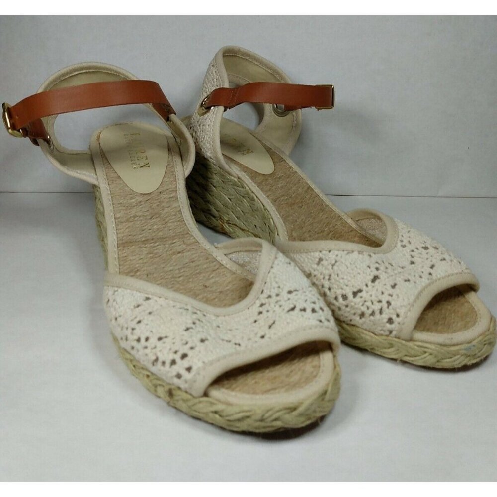 Ralph Lauren Ciara Natural Macrame Womens Wedge Heel Open Toe Sandals Shoes 8 B - Picture 2 of 9